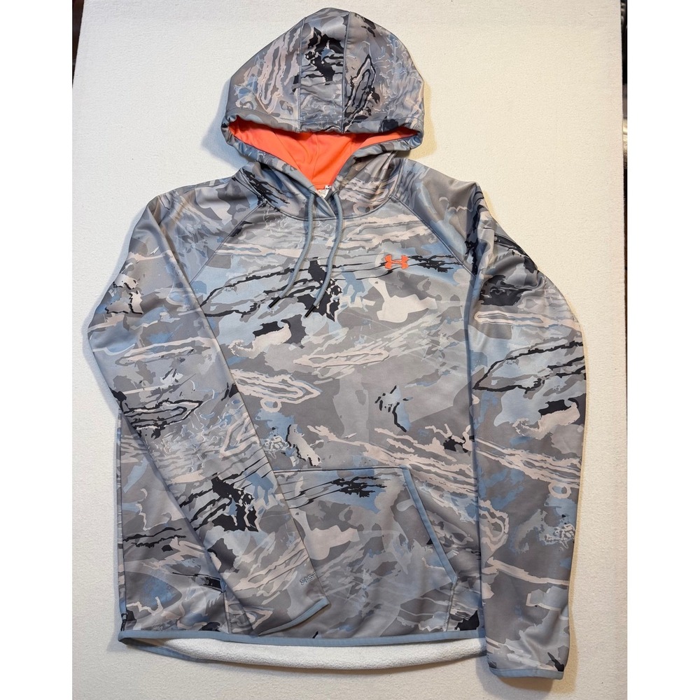 Under Armour ColdGear Camo Hoodie Blue Grey Orange XL Loose Fit Pullover